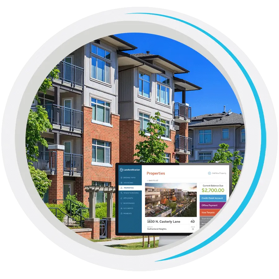 An apartment building and a screenshot of the Landlord Station software