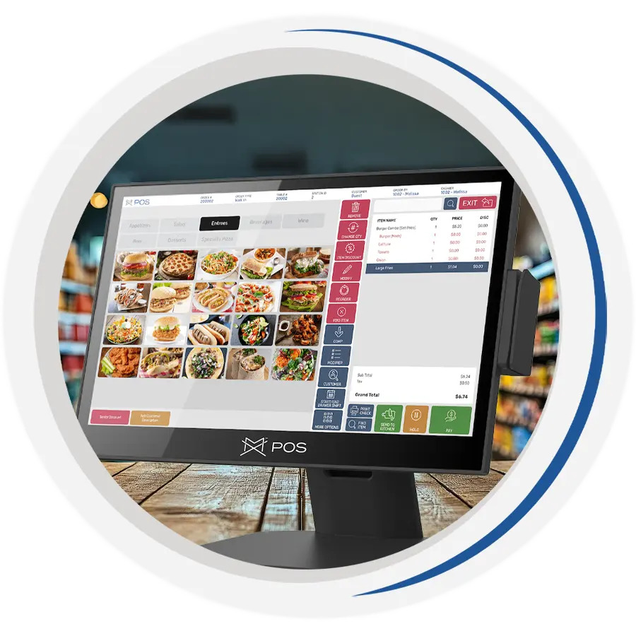 An MX POS system displaying a sample menu